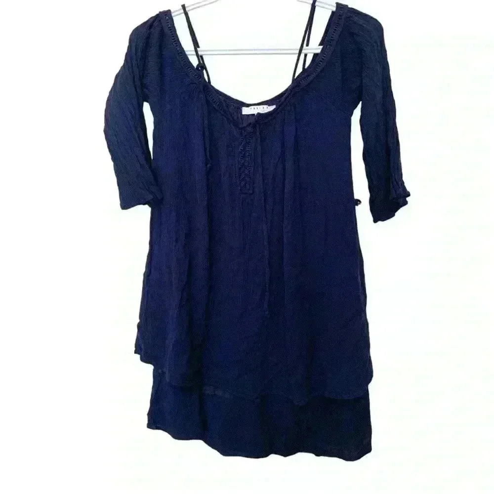 Favlux Boho crinkle fabric, open shoulder tunic in navy blue